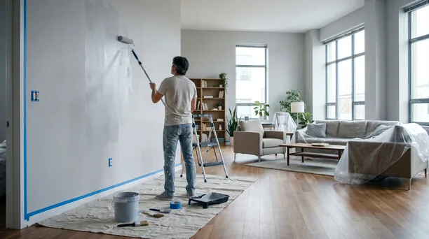 Repainting a bright bayfront living room with furnishings covered