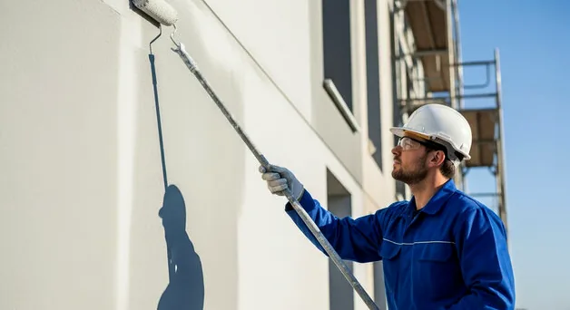 Painter rolling a large exterior wall on a Mediterranean-style estate in Newport Coast